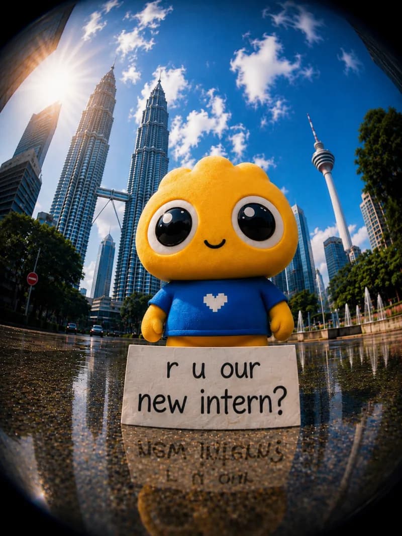 The Cleve mascot in front of the Petronas Towers holding a sign that reads: r u our new intern?